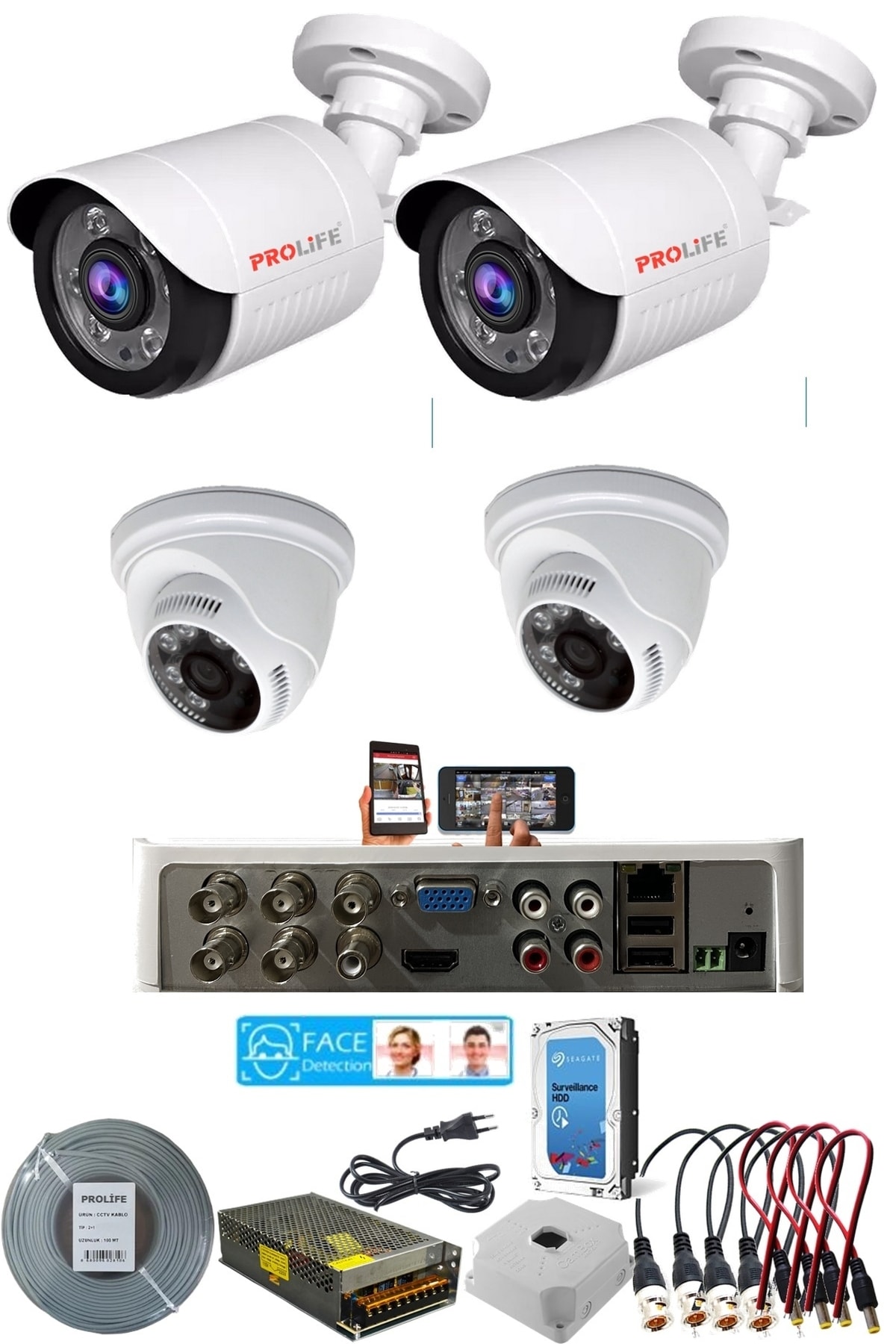 PROLİFE 4'lü 2 Iç 2 Dış Yüz Algılamalı Yeni Özellik 5 Mp 1080p Fullhd Gece Görüşlü Ahd Kaliteli Kamera Seti